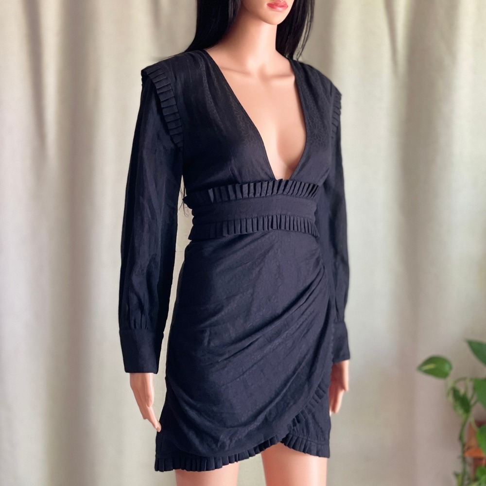 NWT Cleobella Victoria Mini Dress Black Floral Jacquard Pleated Ruffle V-Neck S